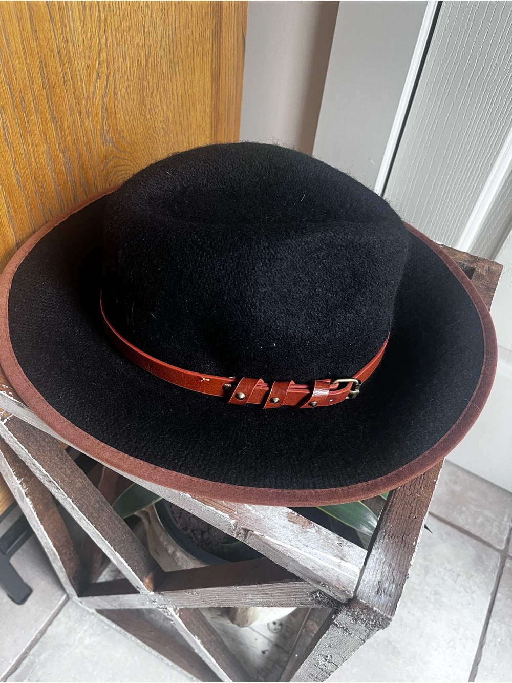 Anthropologie New Black Wool Felt Wide-Brim Hat with Brown Leather Band NWOT